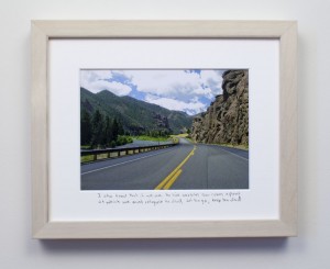 framed photograph, taken from car while driving across USA, with title handwritten on matt