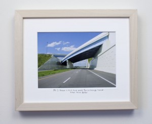 framed photograph, taken from car while driving across USA, with title handwritten on matt